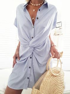 Summer Polo Dresses with Slim and Striped Mini Dresses P15704 Tea Dress Pattern, Shirt Dress Pattern, Twisted Dress, Short Sleeve Dress Shirt, Striped Shirt Dress, Mini Robes, Striped Mini Dress, Blue Mini Dress, Striped Sleeve