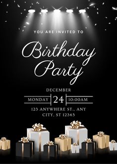 a birthday party with presents and lights on the dark background, it is time to celebrate