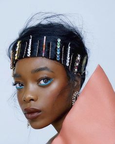 A set of two oversized crystal, deliciously colored bobbi pins, utilizing all the hues in the rainbow. Wear one wear both, use a few sets to make a real splash. Made in NYC. Editorial Hair, Hair Shows, Editorial Makeup, Hair Art, The Rainbow, Maquillaje De Ojos, Hair Inspo, Hair And Nails