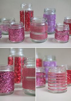 there are many jars that have glitter in them and one is filled with pink and purple liquid