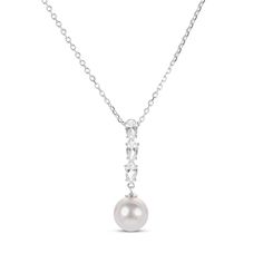 Capture her attention with the shimmering look of this cultured pearl drop necklace. Crafted in sterling silver A trio of pear-shaped white lab-created sapphires sparkles above a lustrous 8mm x 8.5mm freshwater cultured pearl The dazzling drop suspends along an 18-inch cable chain that secures with a lobster clasp Elegant Pear-shaped Drop Necklace In Diamond White, Formal Pear-shaped Pearl Necklace, White Gold Teardrop Pendant Necklace With Pearl Drop, White Gold Pearl Necklace With Teardrop Pendant, White Gold Drop Pearl Necklace, Elegant White Drop Necklace With Diamond Accents, Elegant Briolette Drop Necklace For Anniversary, Pear-shaped Pearl Drop Necklaces, Formal Drop Pearl Necklace In White Gold