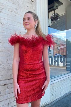 Red Off the Shoulder Mini Hoco Dress Mini Hoco Dress, Mini Dress With Feathers, Feather Homecoming Dress, Dress With Feathers, Bodycon Dress Homecoming, Mini Homecoming Dresses, Red Bodycon, Red Feather, Short Homecoming Dress