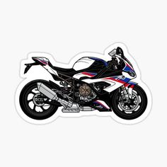 a white and blue motorcycle sticker sitting on top of a white surface with red, white and blue stripes