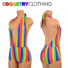 "This item is made to order, please read all the way through the listing before purchasing! This bodysuit is made of amazing rainbow stripe print spandex! This fabric is beautifully metallic, breathable, very durable, and crazy stretchy. Deep V neckline and tie back halter top. Four way stretch for a figure forming fit. This bodysuit is unlined. Womens Sizing (See below for instructions on where measurements should be taken) XXS: Bust 29\"-30\" / Waist 22\"-23\" / Hips 30\"-32\" Extra Small: Bus Fitted Multicolor Unitard For Summer, Multicolor Stretch Rave Unitard, Multicolor Summer Unitard, Striped Stretch Bodysuit For Swimming, Stretch Striped Bodysuit For Swimming, Fitted Multicolor Rainbow Print Swimwear, Fitted Multicolor Swimwear With Rainbow Print, Oc Inspo, Rainbow Outfit