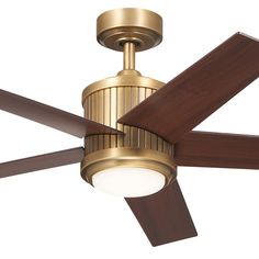 a ceiling fan with a light on top of it and a wooden blade in the middle