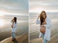 a pregnant woman is standing on the beach