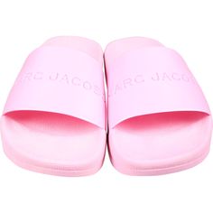 Color: Pink Pink rubber slippers with upper band. They are embellished with logo on the upper part. 100% Rubber. Pink Flat Slides With Rubber Sole, Pink Synthetic Slides With Rubber Sole, Spring Logo Slides Slip-on, Pink Plastic Flip Flops With Round Toe, Casual Beach Slides With Studded Rubber Outsoles, Trendy Non-slip Pink Slides, Rubber Slippers, Pink Slippers, Kenzo Kids