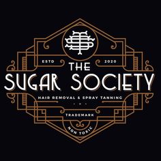 the sugar society logo on a black background with gold lettering and art deco style design