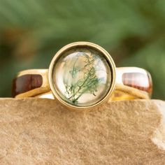 Moss Agate Ring with Wood Inlays Bezel Set Cabochon, Women's Wedding Bands, Jewelry By Johan, Handcrafted Engagement Ring, Moss Agate Engagement Ring, Agate Engagement Ring, Agate Cabochon, Round Rings, Womens Wedding Bands