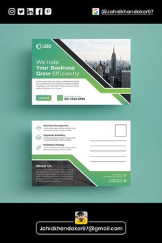 a green and black business card with an image of a city in the background on it