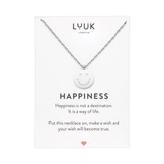 PRICES MAY VARY. ❤ MINIMALISTIC DESIGN - Beautiful, delicate stainless steel necklace in timeless design with Smiley pendant in the color silver including card with HAPPINESS quote. The necklace looks feminine, stylish and can be combined in many ways. ❤ GIVE JOY - Our necklaces make wonderful gifts for many different occasions or just to treat yourself! The combination of the friendship card and necklace is a gesture of love for the special people in your life! ❤ LUCKY CHARM - Each of our penda Happiness Messages, Friendship Chain, Happiness Quote, Feminine Necklace, Necklace With Pendant, Compass Pendant, Positive Mood, Happy Gifts, Friendship Necklaces