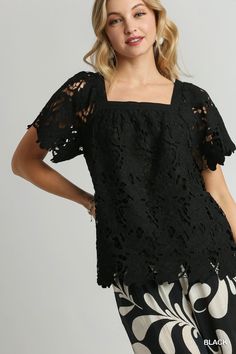 #color_black Elegant Black Square Neck Top, Elegant Floral Print Square Neck Blouse, Chic Black Blouse With Square Neck, Chic Black Square Neck Blouse, Spring Black Square Neck Blouse, Black Square Neck Summer Blouse, Black Square Neck Summer Top, Black Square Neck Blouse For Spring, Feminine Lace Top With Square Neck