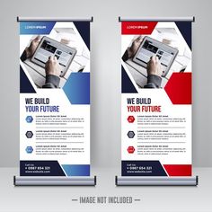 two roll up banners with hands holding a tablet