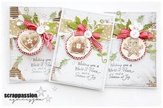 three handmade christmas cards with ornaments on them