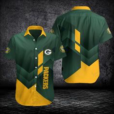 the green bay packers uniform is displayed on a black background with grey and yellow accents