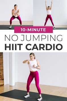 a woman in pink pants and white shirt doing a no jumping hit cardio