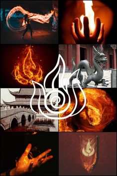 a collage of photos with different types of fire and flames in the middle one has a hand holding a dragon