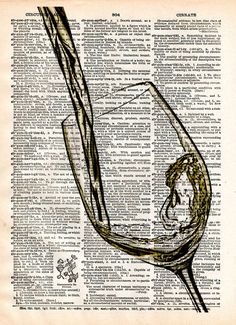 an old book page with a drawing of a glass of wine on top of it