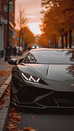 a black sports car is parked on the side of the road with leaves all over it