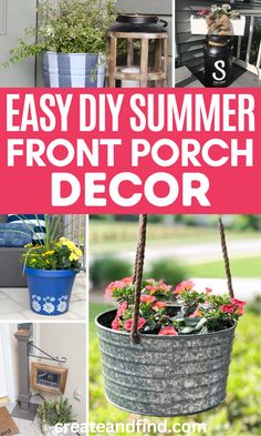 DIY summer porch decor and patio decorating ideas. Deck Flowers Ideas, Front Porch Flower Pots, Summer Porch Signs, Potted Plants Patio