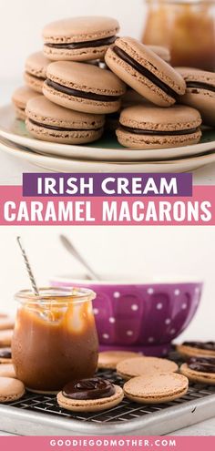 some cookies are on a cooling rack and one is filled with caramel macarons