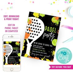 A Padel party is a fantastic party for any active sport lover on their birthday!  This party invitation can be used for a number of parties, pickle ball, padel party or even a tennis party, they are all great themes that will work for a great tween party!  Set on a background of black accented with racquets, balls and colourful splats. Add your own text to create your custom party invitation that you can print, text or email to your friends and family. The perfect party to throw for your padel enthusiast! ---------------------------------------------------------------------------- TRY BEFORE YOU BUY - FREE DEMO ---------------------------------------------------------------------------- Copy and paste this URL into your browser and see how easy it is: https://www.corjl.com/d/1NFPE4 INSTANT Sports Theme Birthday, Custom Party Invitations, Pickle Ball, Birthday Party Invite, Party Invitations Printable, Party Invitations Kids, Downloads Folder, Custom Party