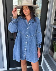 We are loving this sweet little washed denim shirt dress! Features snap button front and 3/4 puff sleeves. Minimal pleating and very light distressing on hemline. Wear it with some white boots and head out for brunch! Color: Washed Denim. 100% Cotton. Model is 5'8", 27" waist, 35" bust, and wearing size small. True to size. Size Chart  Small: 2-6  Medium: 6-10  Large: 10-14 Light Wash Chambray Denim Dress For Fall, Dark Wash Denim Dress With Frayed Hem For Fall, Spring Medium Wash Collared Denim Dress, Spring Collared Medium Wash Denim Dress, Fall Denim Blue Chambray Dress, Fall Denim Washed Dress, Fall Denim Chambray Dress, Fall Washed Denim Dress, Trendy Medium Wash Chambray Denim Dress