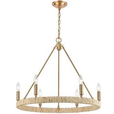 a gold chandelier with five lights hanging from the ceiling and one light on top