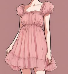 a drawing of a woman in a pink dress with short sleeves and ruffles