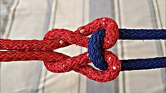 the rope has two red and blue ropes attached to it, with one knot at the end