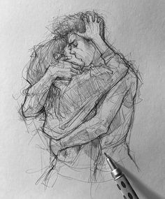 a pencil drawing of a man hugging another man's head with his hands on his chest