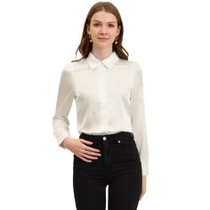 The long-sleeve fit of this shirt flatters most body types and provides enough coverage for a modest yet stylish look. The button-up front of this shirt makes it easy to wear and provides a timeless and classic look that never goes out of style. This shirt can be paired with dress pants or skirts for a formal workwear look, or dressed down with jeans or shorts for a more casual yet polished outfit. Satin Tops, Formal Workwear, Women's Office, Womens Office, Satin Shirt, Satin Top, Womens Clothing Sizes, Shop Blouses, Dressed Down