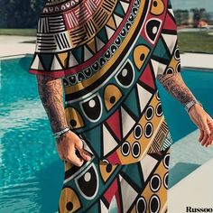 Russoo - Culturally Inspired Mens Dashiki 3D Graphic Print T-Shirt & Shorts Set: Stylish Beach Ensemble with a Contemporary Twist, Including Plus Sizes Multicolor Bohemian T-shirt For Beach, Multicolor Abstract Print T-shirt For Summer, Bohemian Multicolor T-shirt For Beach, Multicolor Bohemian T-shirt For The Beach, Bohemian Multicolor T-shirt For Vacation, Multicolor Printed T-shirt For Vacation, Mens Dashiki, Dashiki For Men, 3d Pattern