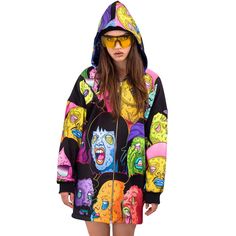 Personality Fashion Halloween Cartoon Print Hooded Jacket Hip Hop Long Sleeve Halloween Outerwear, Oversized Hoodie For Halloween, Oversized Hoodie Outerwear For Halloween, Harajuku Style Hooded Halloween Hoodie, Hooded Jacket With Drawstring Hood For Halloween Streetwear, Harajuku Style Halloween Hoodie, Harajuku Halloween Hoodie, Hip Hop Halloween Streetwear Outerwear, Hip Hop Halloween Outerwear For Streetwear