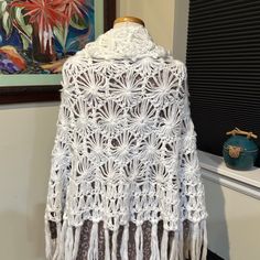 Shawl Is Handmade With Acrylic Yarn. It Is Crocheted And Has Fringe All Along The Bottom Edge. Pure Clean White In A Floral Lace Pattern, Shawl Is A Half Circle Shape Warm, Cozy, Pretty! Reminds Me Of Stevie Nicks Bohemian Style - So Pretty! In Excellent Like New Condition ( Never Used) Stevie Nicks Crochet, Floral Lace Pattern, Lace Shawl, Handcrafted Accessories, Half Circle, Stevie Nicks, Circle Shape, White Crochet, Lace Pattern