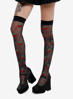 These black thigh highs will have you looking your cherry best! This pair features an allover polka dot design  plus a sweet cherry toss.74% nylon; 11% polyester; 15% spandexHand wash cold; drip dryImported Retro Thigh-high Legwear, Trendy Black Legwear For Spring, Fitted Black Summer Stockings, Fitted Black Stockings For Summer, Trendy Thigh-high Spring Legwear, Trendy Thigh High Summer Legwear, Black Knee-high Stockings For Spring, Trendy Thigh-high Legwear For Spring, Trendy Thigh High Legwear For Spring