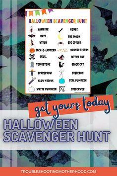 Text: Get yours today, Halloween scavenger hunt. Image: Scavenger hunt worksheet. Fun Halloween Activities