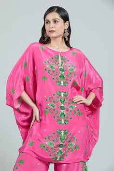 Pink kaftan with contrasting green floral prints on front and Mughal painting inspired printed back. Comes with coordinating floral printed pant. - Aza Fashions Traditional Digital Print Kaftan For Spring, Festive Spring Silk Tunic, Traditional Silk Tunic For Spring, Spring Silk Kaftan With Resham Embroidery, Silk Kaftan With Dabka, Green Resham Embroidered Kaftan For Spring, Spring Festive Kaftan Tunic, Spring Festive Tunic Kaftan, Festive Digital Print Kaftan For Eid