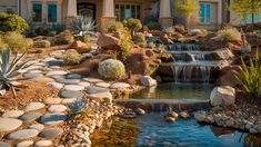 a large house with a waterfall in the front yard and rocks around it, along with water features