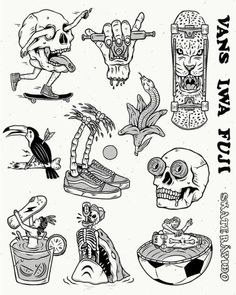 an old school tattoo design with skulls and other items