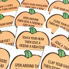 several pumpkins with words on them that say, give a friend a high five