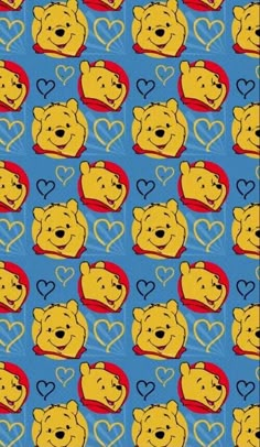 winnie the pooh wallpaper with hearts on blue and yellow background, featuring two bears