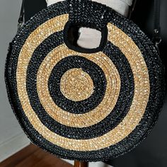 Southbeach Round Black/Tan Straw Bag Never Worn But No Tags Detachable Strap Cloth Inner Medium/Large Size Black Rectangular Straw Bag For Day Out, Black Woven Straw Crossbody Bag, Summer Black Shoulder Bag With Adjustable Strap, Black Crossbody Bag For Summer, Black Shoulder Bag For Beach Season, Black Shoulder Bag For Summer Day Out, Chic Black Shoulder Bag For Beach Season, Black Woven Summer Bag, Summer Crossbody Straw Bag For Beach