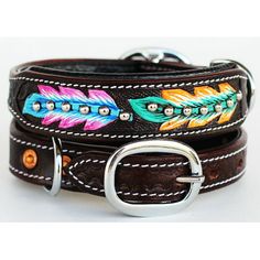 a brown leather dog collar with colorful feathers on it