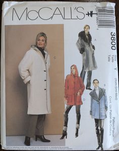 a women's coat and jacket sewing pattern, with the hood pulled back in two lengths