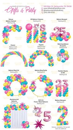 balloons and numbers are arranged in the shape of unicorns