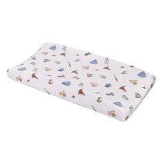 a white sheet with animals on it and blue trimmings, in the shape of a baby's crib