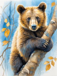 a painting of a brown bear sitting on top of a tree branch with yellow leaves