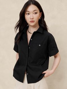 Pocket Poplin Shirt | Banana Republic Factory Chic Shirt With Roll-up Sleeves For Everyday, Black Workwear Shirt With Buttoned Pockets, Short Sleeve Office Blouse With Pockets, Black Workwear Tops With Buttoned Pockets, Relaxed Fit Poplin Top For Work, Oversized Business Casual Tops With Pockets, Oversized Tops With Pockets For Business Casual, Relaxed Fit Collared Poplin Tops, Chic Poplin Shirt For Work