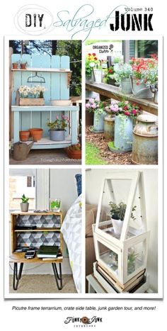 an advertisement for storage junk with pictures of pots and plants in them, including flowers